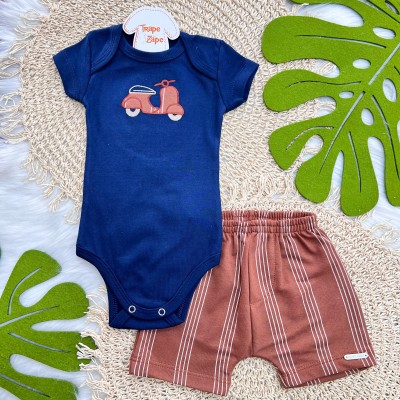 Conj body Lambreta Marinho e Short Listrado Marrom